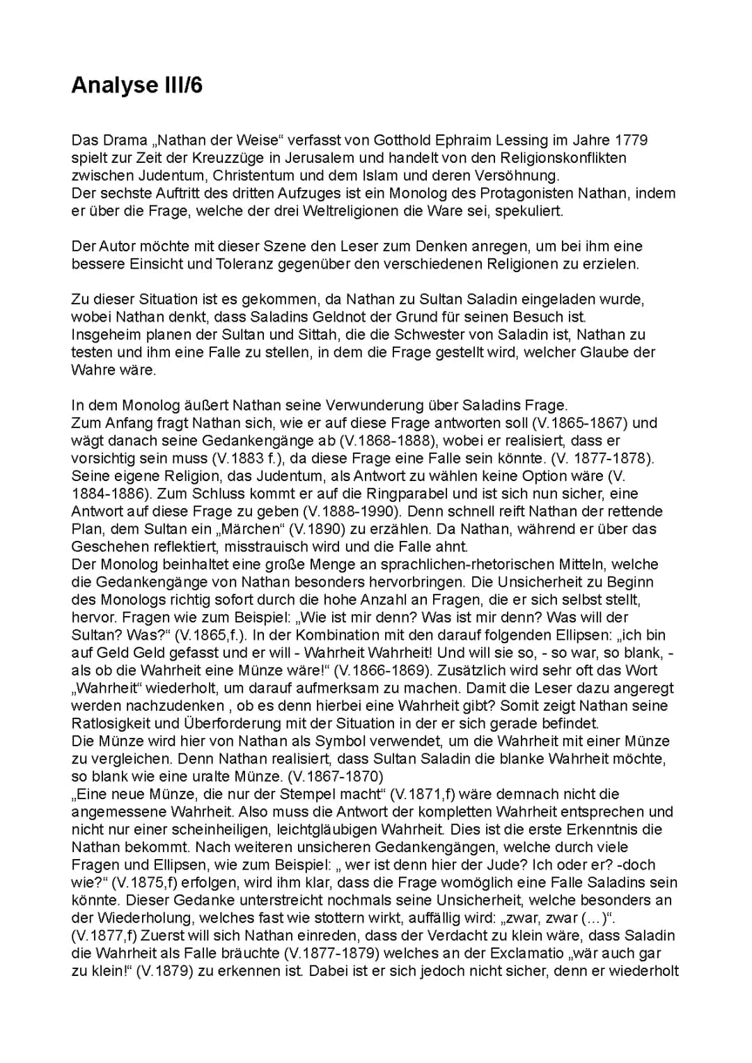 Nathan der Weise 3 Aufzug 6 Auftritt Analyse - Klausur Szenenanalyse und Zusammenfassung
