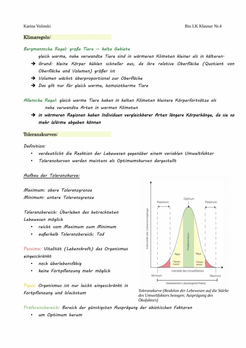 Karina Volinski
Ökologie
Umweltfaktoren:
I. Abiotische Faktoren
O Wechselwarme/Gleichwarme Tiere
O Klimaregeln
O Toleranzkurven
O physiologi