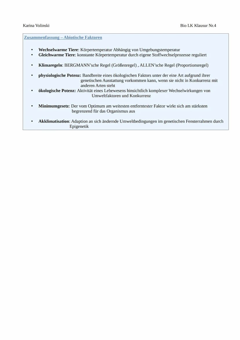 Karina Volinski
Ökologie
Umweltfaktoren:
I. Abiotische Faktoren
O Wechselwarme/Gleichwarme Tiere
O Klimaregeln
O Toleranzkurven
O physiologi