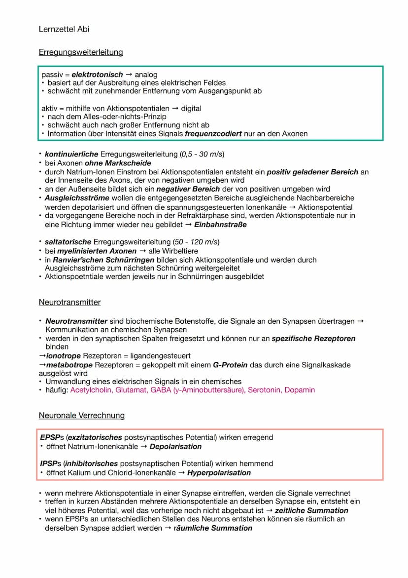 Lernzettel Abi
NEUROBIOLOGIE
Aufbau und Funktion von Neuronen
Aufbau & Funktion eines Neurons
• ein Astrocyt ist sternförmig und besitzt ein