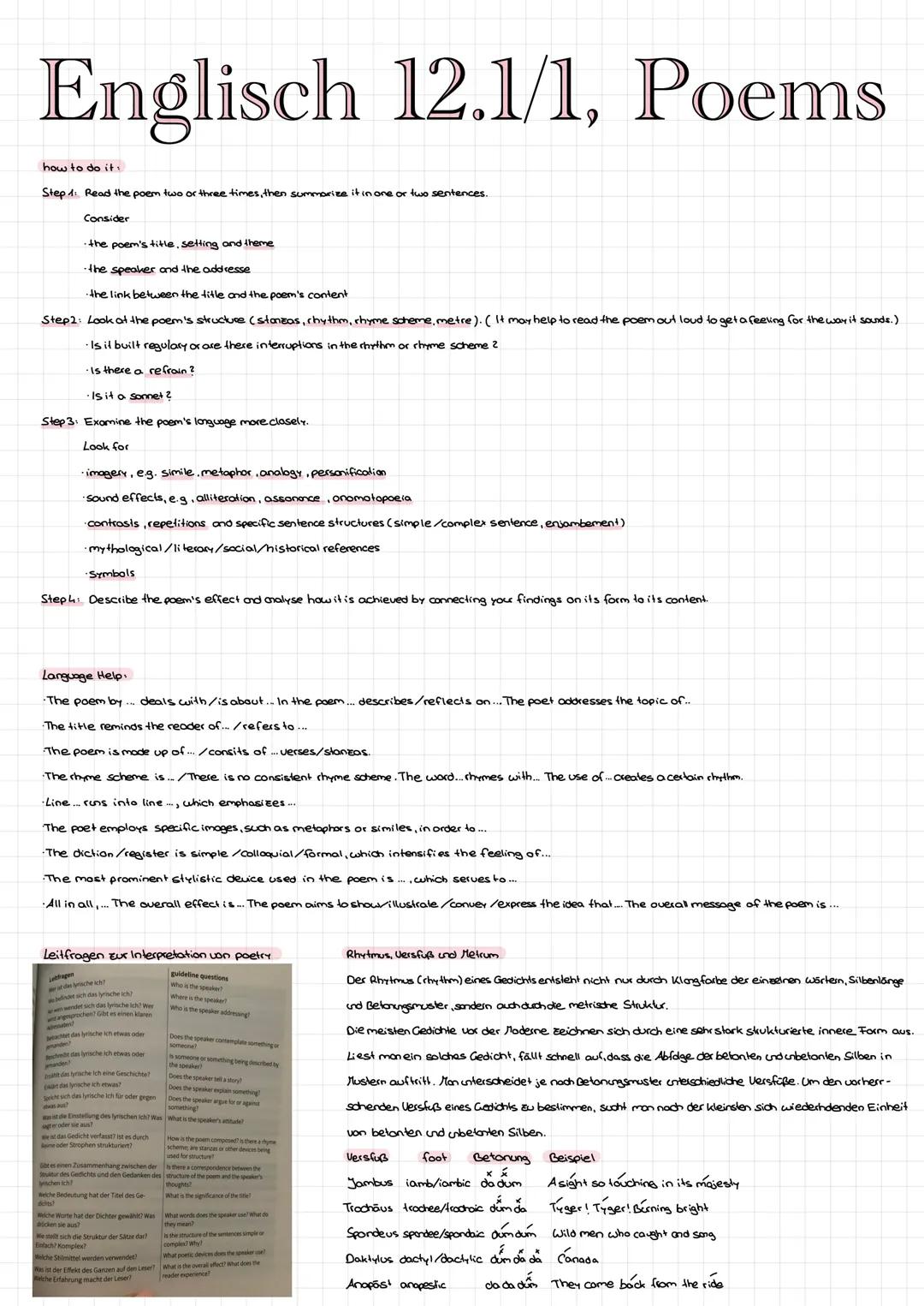 Englisch 12.1/1, Poems
I how to do it.
Step 1: Read the poem two or three times, then summarize it in one or two sentences.
Consider
•the po