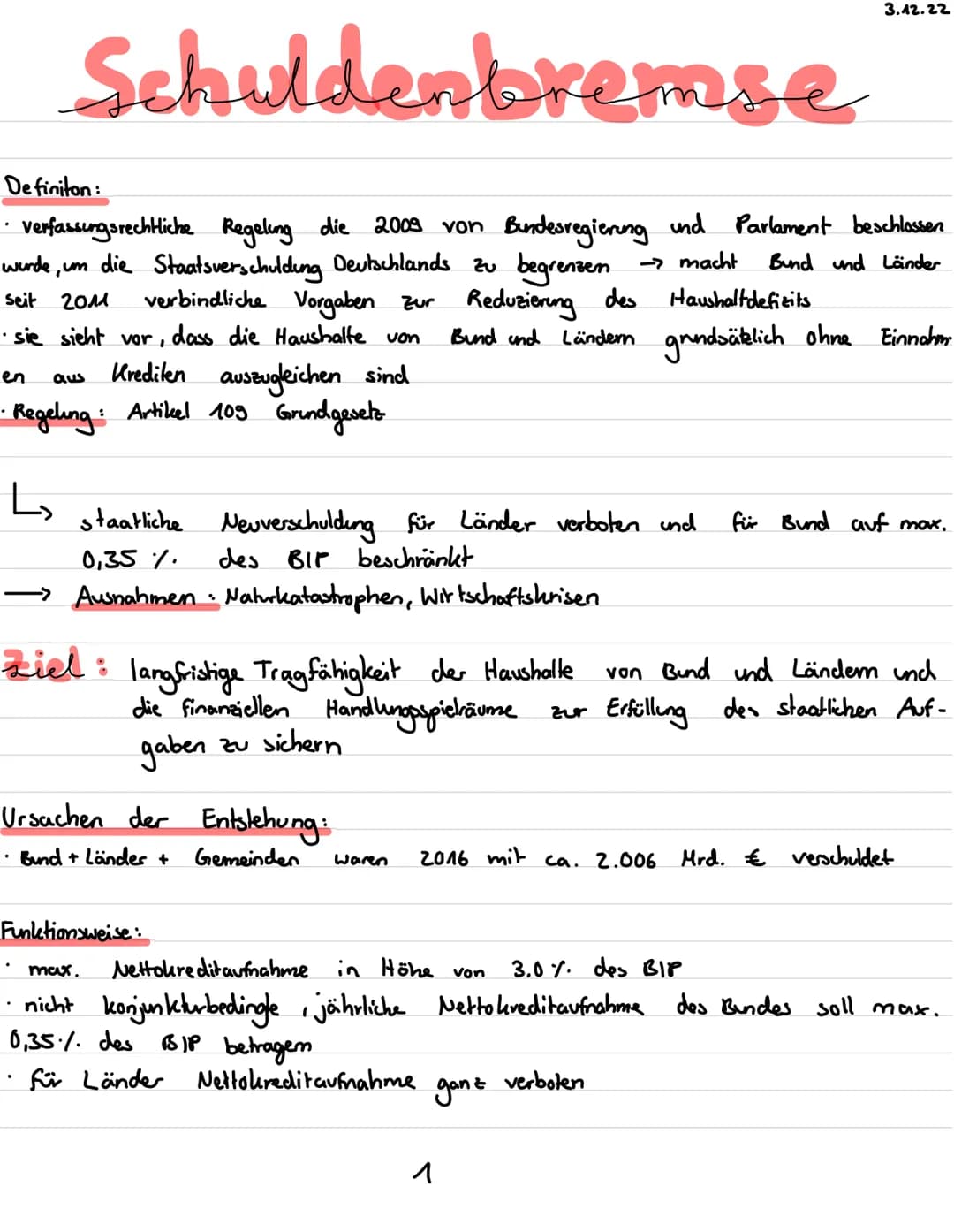 Schuldenbremse
De finiton:
Verfassungsrechtliche Regelung die 2009 von Bundesregierung und Parlament beschlossen
wurde, um die Staatsverschu