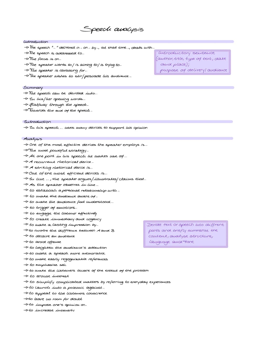 Speech analysis
Lutroduction
→→ The speech "..." delivered in on... by..., at that time..., deals with...
→→→The speech is addressed to...
→