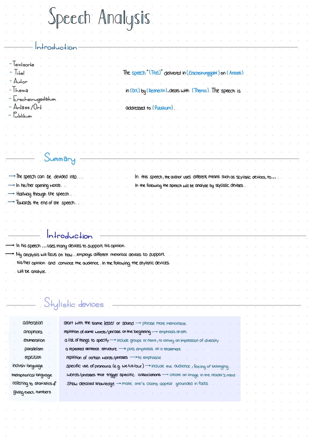 # Speech Analysis

-Textsorte
- Titel
- Autor
-Thema
- Erscheinugsdatum.
- Anlass/Ort
- Publikum

## Introduction

The speech "(Titel)" deli