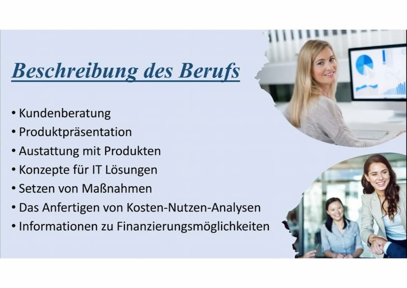 Kauffrau für IT-
System-Managment Gliederung
• Beschreibung des Berufs
• Beschäftigungsbetriebe/Arbeitsorte
• Benötigter Schulabschluss
• An