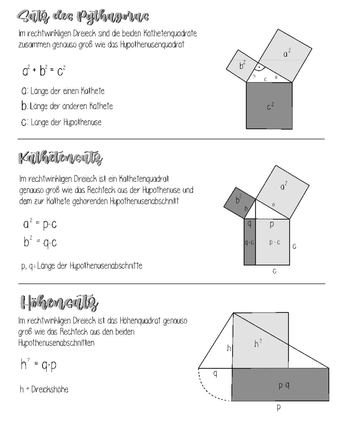 Satz des Pythagoras, Höhensatz, Kathetensatz 