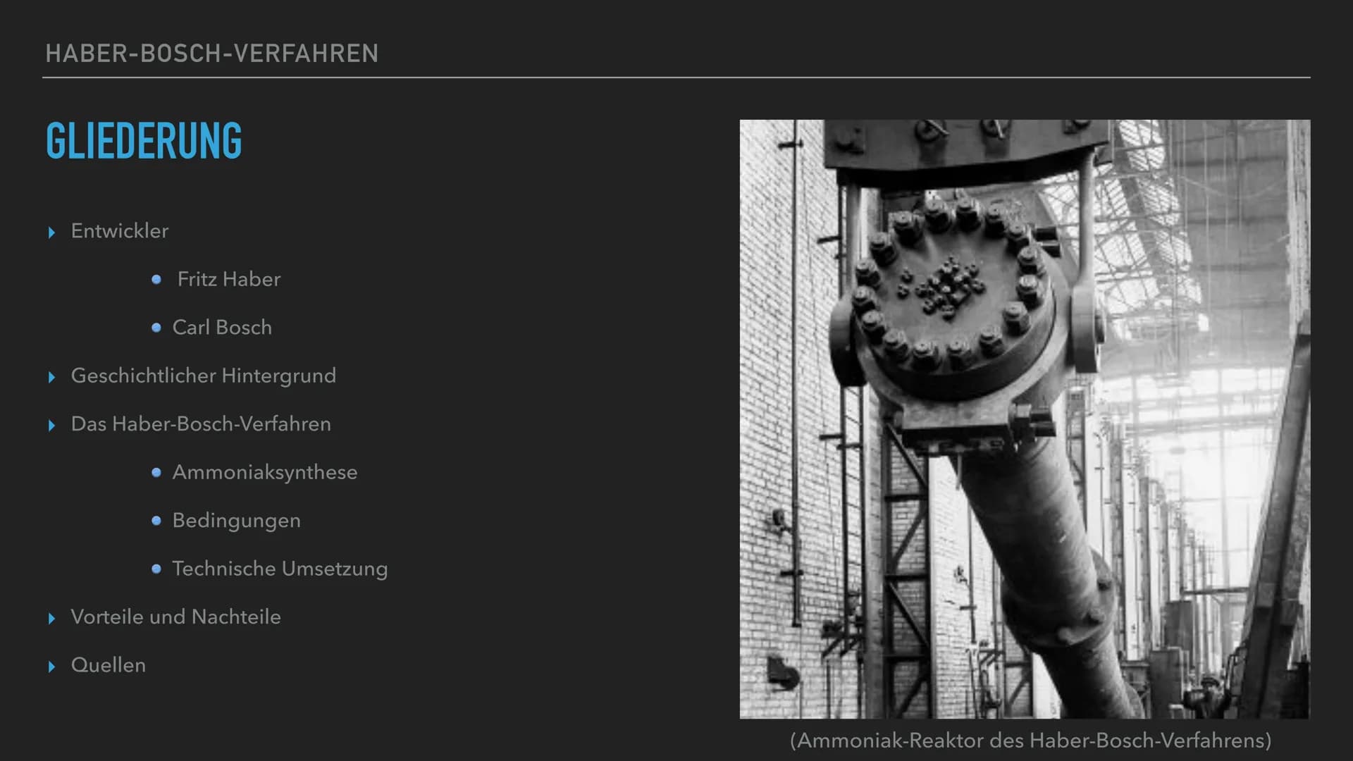 HABER-BOSCH-VERFAHREN
PRÄSENTIERT VON HABER-BOSCH-VERFAHREN
GLIEDERUNG
▸ Entwickler
• Fritz Haber
Carl Bosch
‣ Geschichtlicher Hintergrund
▶