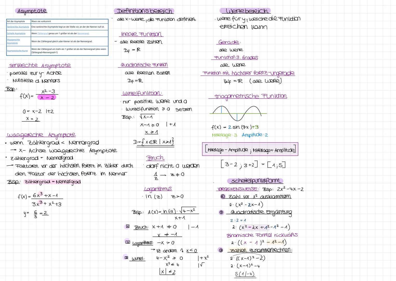 Analysis
Definitionsbereich:
fx√√x-3 unter der wurzel = 0
|+3
f(x)=
X-370
x 3
DB XER x>3
Nullstellen:
h(x)=²x-4
0= ²x -4
4- e²x
2x In 4
XN =