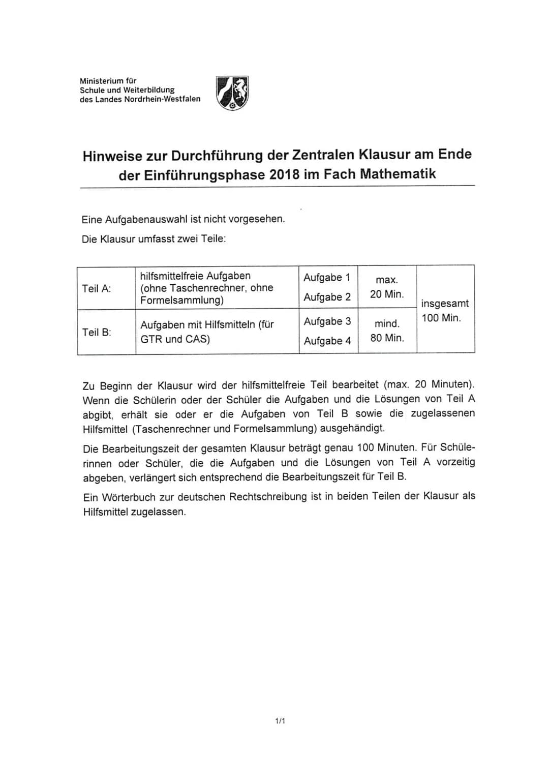 Ministerium für
Schule und Weiterbildung
des Landes Nordrhein-Westfalen
Hinweise zur Durchführung der Zentralen Klausur am Ende
der Einführu