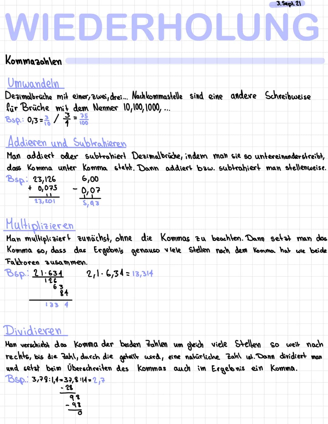 WIEDERHOLUNG
Kommazahlen
Umwandeln
Dezimalbrüche mit einer, zwei, drei... Nach kommastelle sind eine andere Schreibweise
für Brüche mit dem 