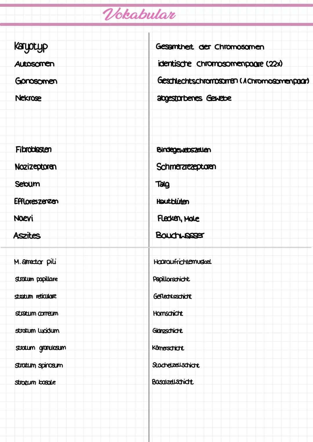 Haut- &
Körperpflege karyotyp
Autosomen
Gonosomen
Nekrose
Fibroblasten
Nozizeptoren
Sebum
Effloreszenzen
Naevi
Aszites
M. arrector pili
stra