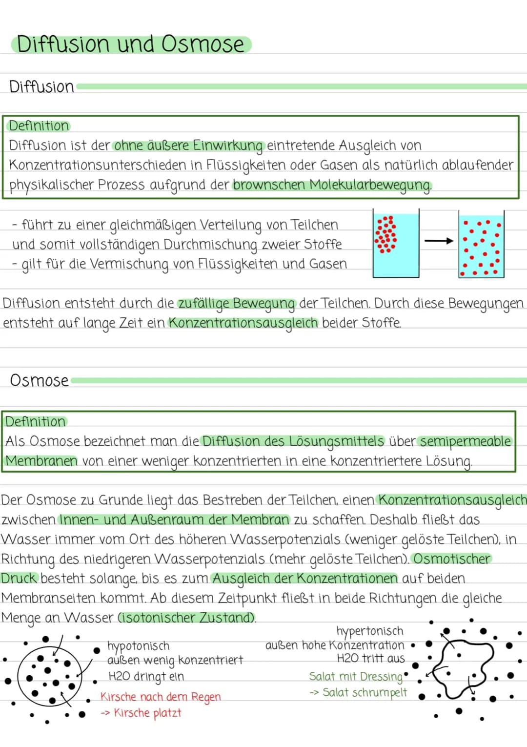 Diffusion und Osmose
Diffusion
Definition
Diffusion ist der ohne äußere Einwirkung eintretende Ausgleich von
Konzentrationsunterschieden in 