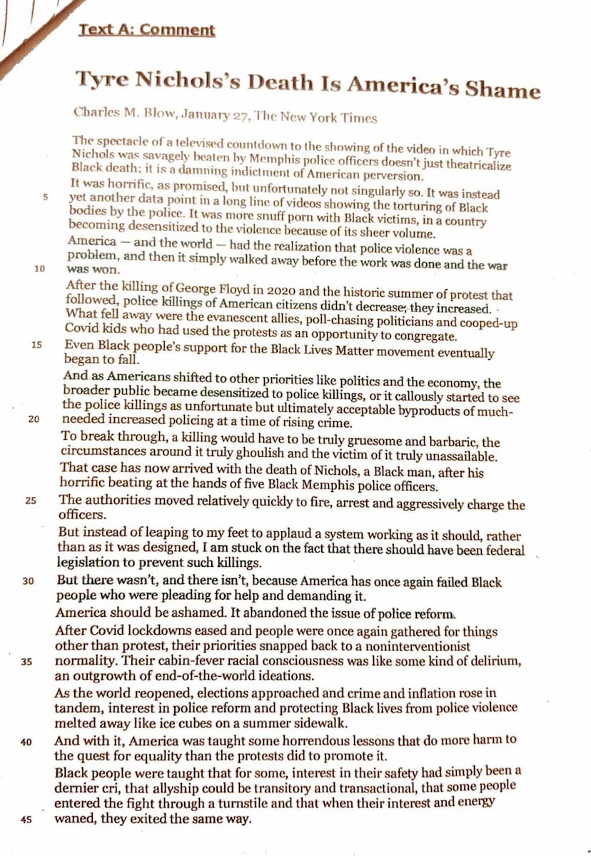 Textvorlagen:
Hilfsmittel:
Bearbeitungszeit:
Tasks
Englisch Leistungskurs
1. Klausur Q2-23. Februar 2022
Text A:
Text B:
Tyre Nichol's Death