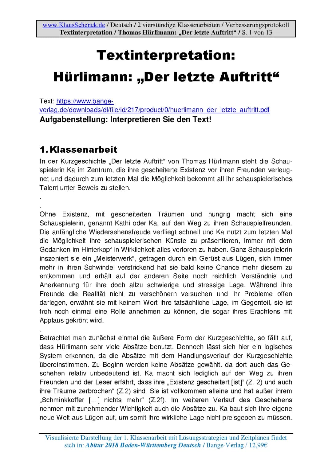Textinterpretation: Hürlimann: "Der letzte Auftritt"