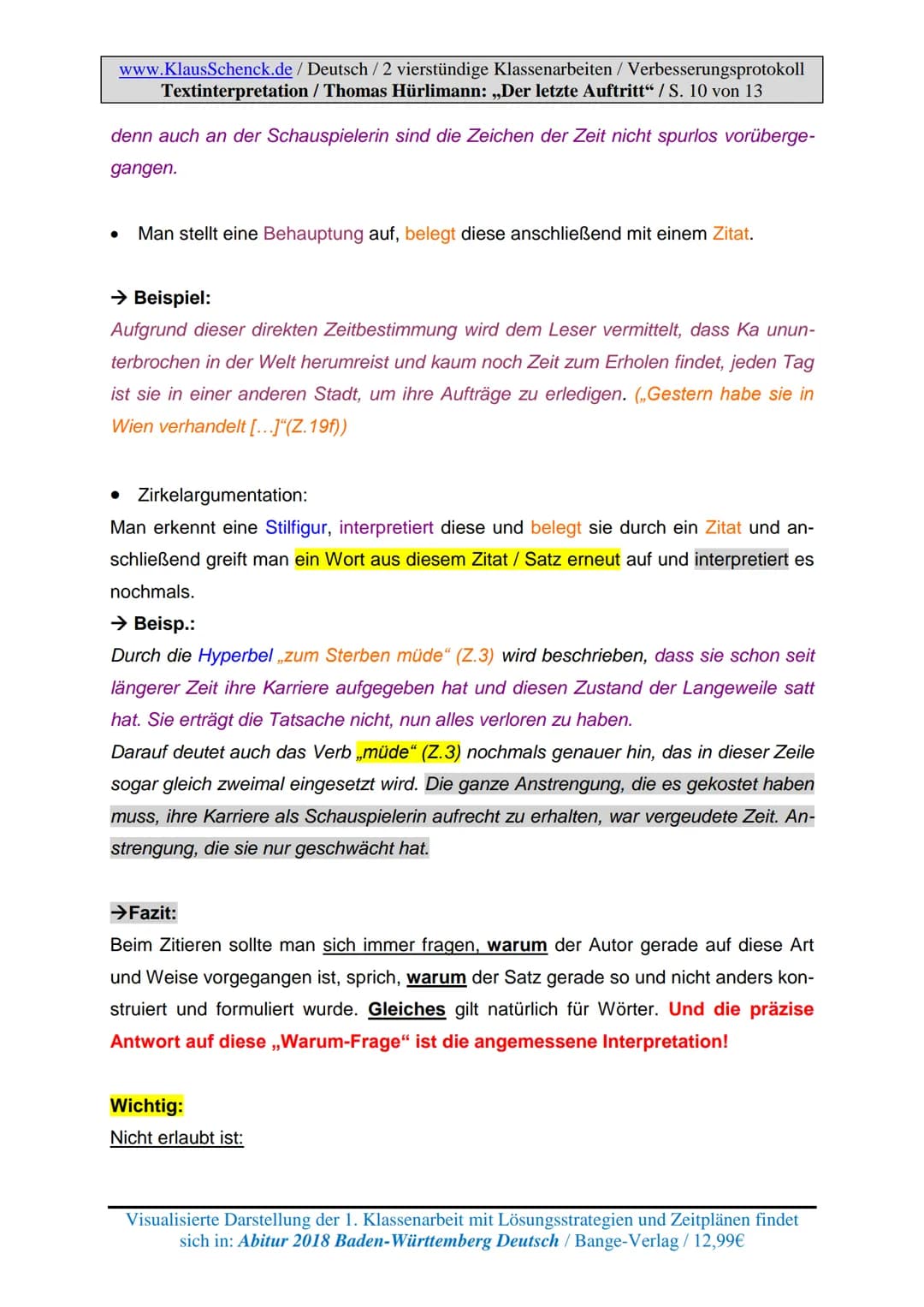 www.KlausSchenck.de / Deutsch / 2 vierstündige Klassenarbeiten / Verbesserungsprotokoll
Textinterpretation / Thomas Hürlimann: „Der letzte A