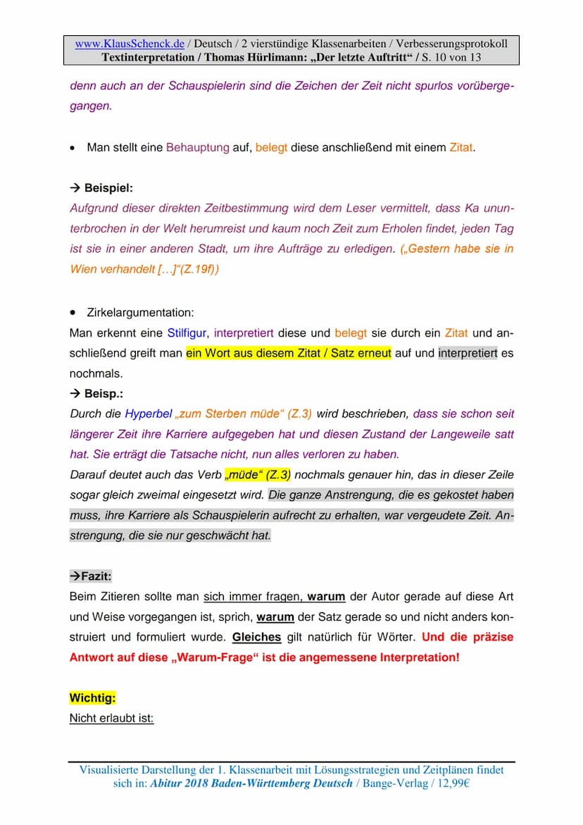 www.KlausSchenck.de / Deutsch / 2 vierstündige Klassenarbeiten / Verbesserungsprotokoll
Textinterpretation / Thomas Hürlimann: „Der letzte A