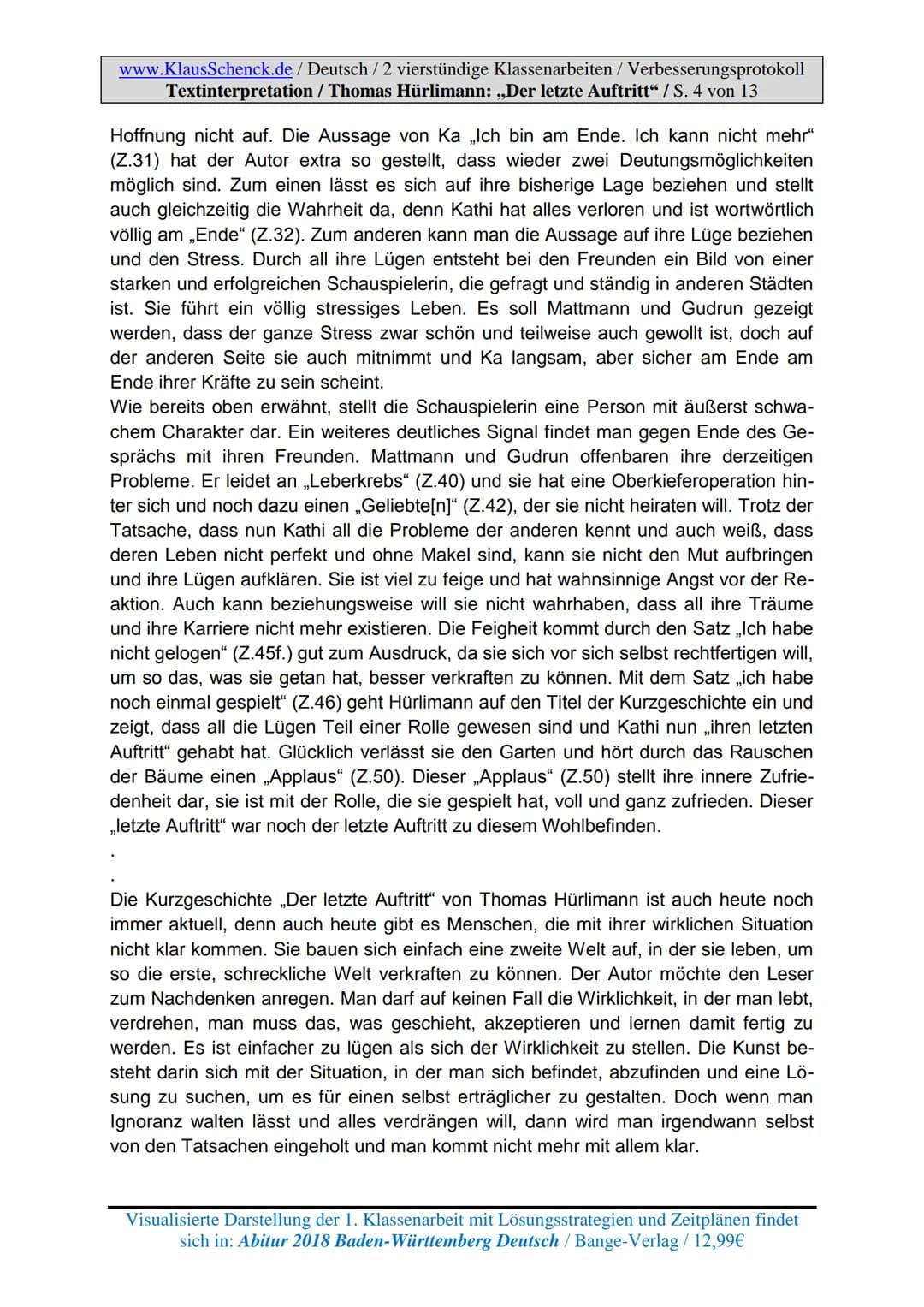 www.KlausSchenck.de / Deutsch / 2 vierstündige Klassenarbeiten / Verbesserungsprotokoll
Textinterpretation / Thomas Hürlimann: „Der letzte A