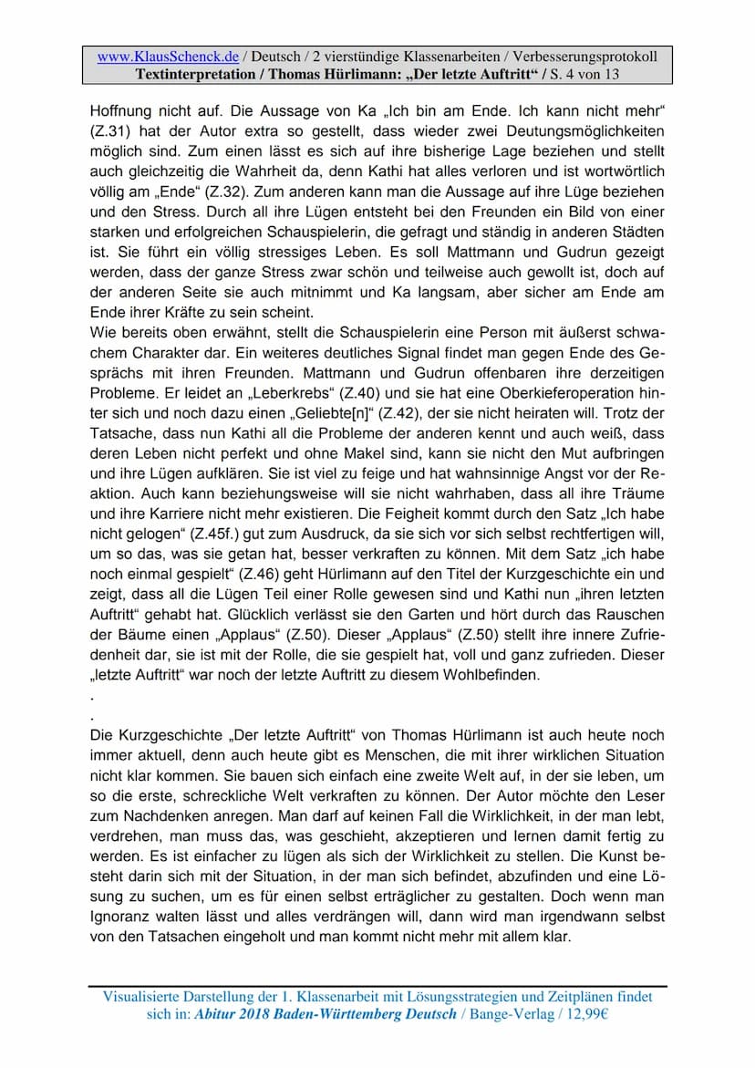 www.KlausSchenck.de / Deutsch / 2 vierstündige Klassenarbeiten / Verbesserungsprotokoll
Textinterpretation / Thomas Hürlimann: „Der letzte A