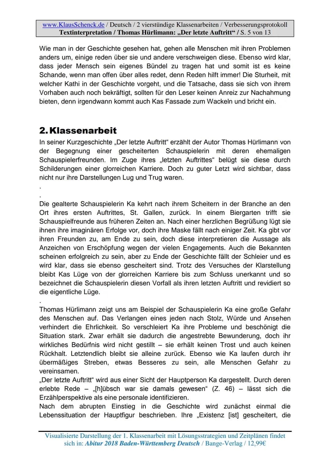 www.KlausSchenck.de / Deutsch / 2 vierstündige Klassenarbeiten / Verbesserungsprotokoll
Textinterpretation / Thomas Hürlimann: „Der letzte A