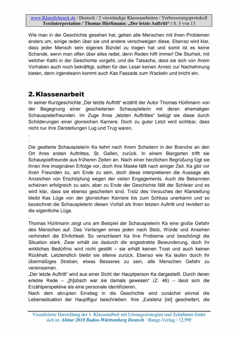 www.KlausSchenck.de / Deutsch / 2 vierstündige Klassenarbeiten / Verbesserungsprotokoll
Textinterpretation / Thomas Hürlimann: „Der letzte A