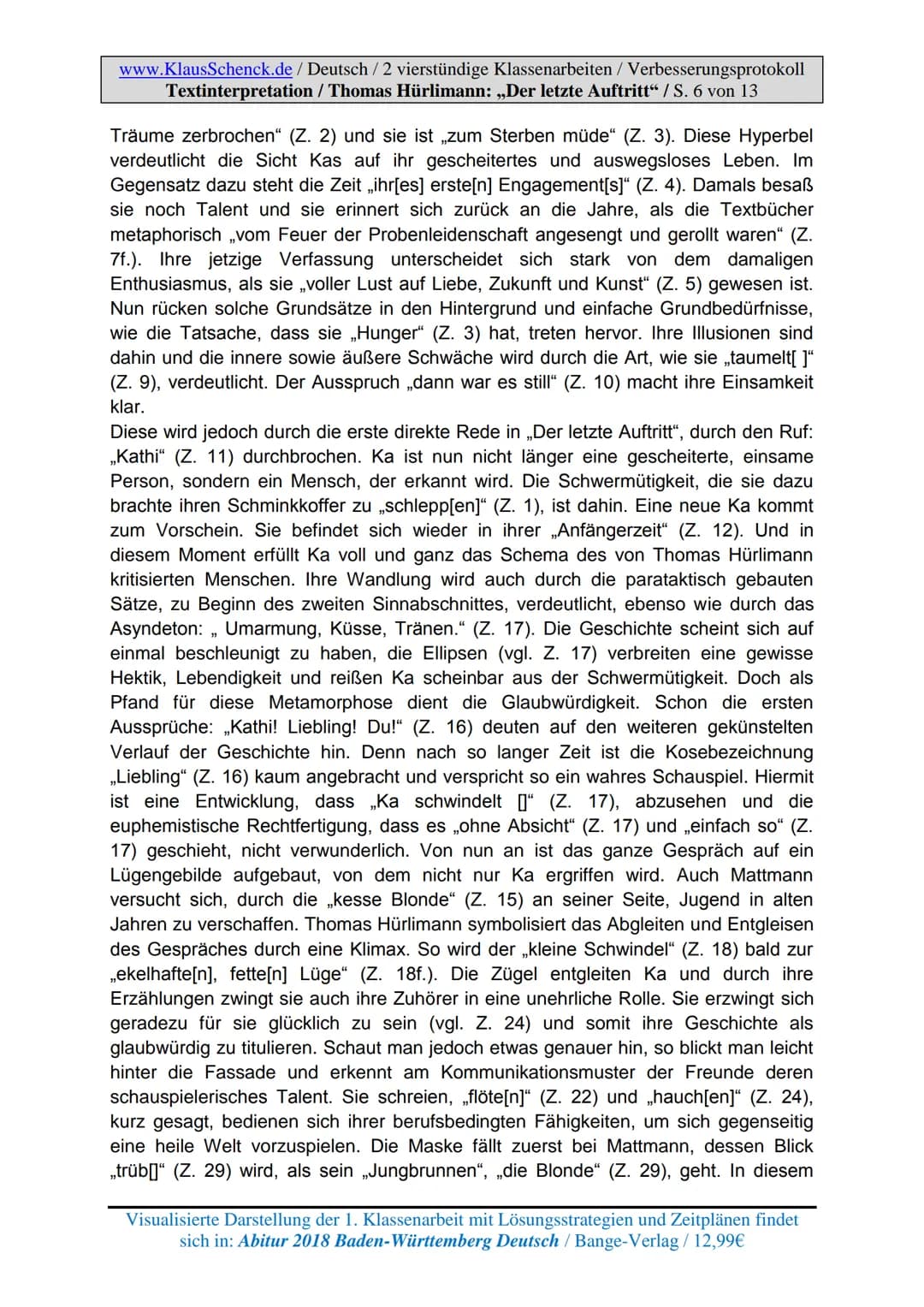 www.KlausSchenck.de / Deutsch / 2 vierstündige Klassenarbeiten / Verbesserungsprotokoll
Textinterpretation / Thomas Hürlimann: „Der letzte A
