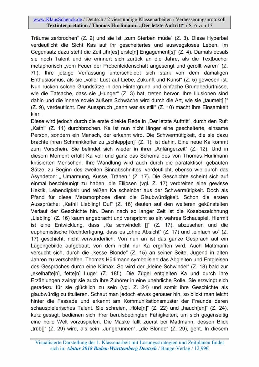 www.KlausSchenck.de / Deutsch / 2 vierstündige Klassenarbeiten / Verbesserungsprotokoll
Textinterpretation / Thomas Hürlimann: „Der letzte A