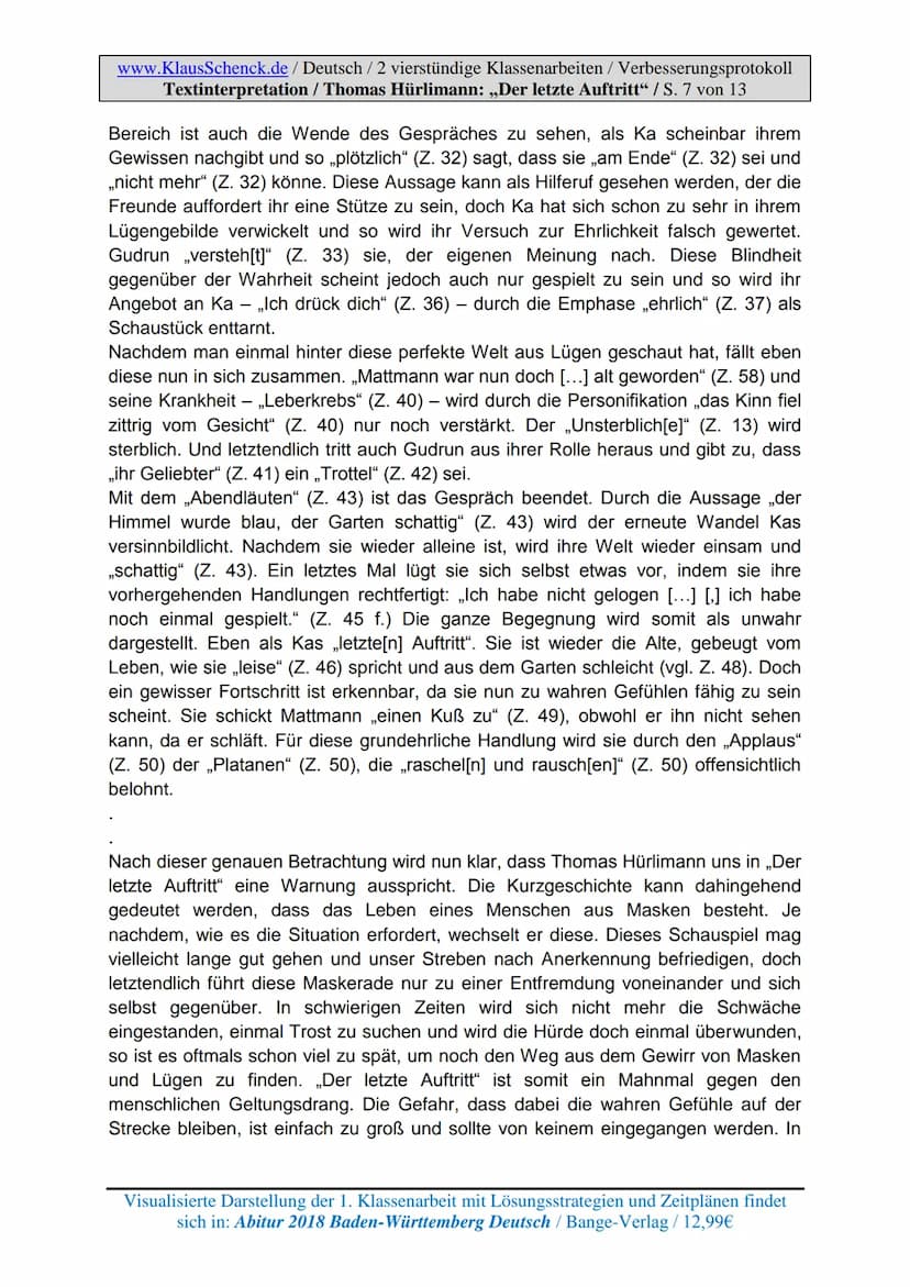 www.KlausSchenck.de / Deutsch / 2 vierstündige Klassenarbeiten / Verbesserungsprotokoll
Textinterpretation / Thomas Hürlimann: „Der letzte A