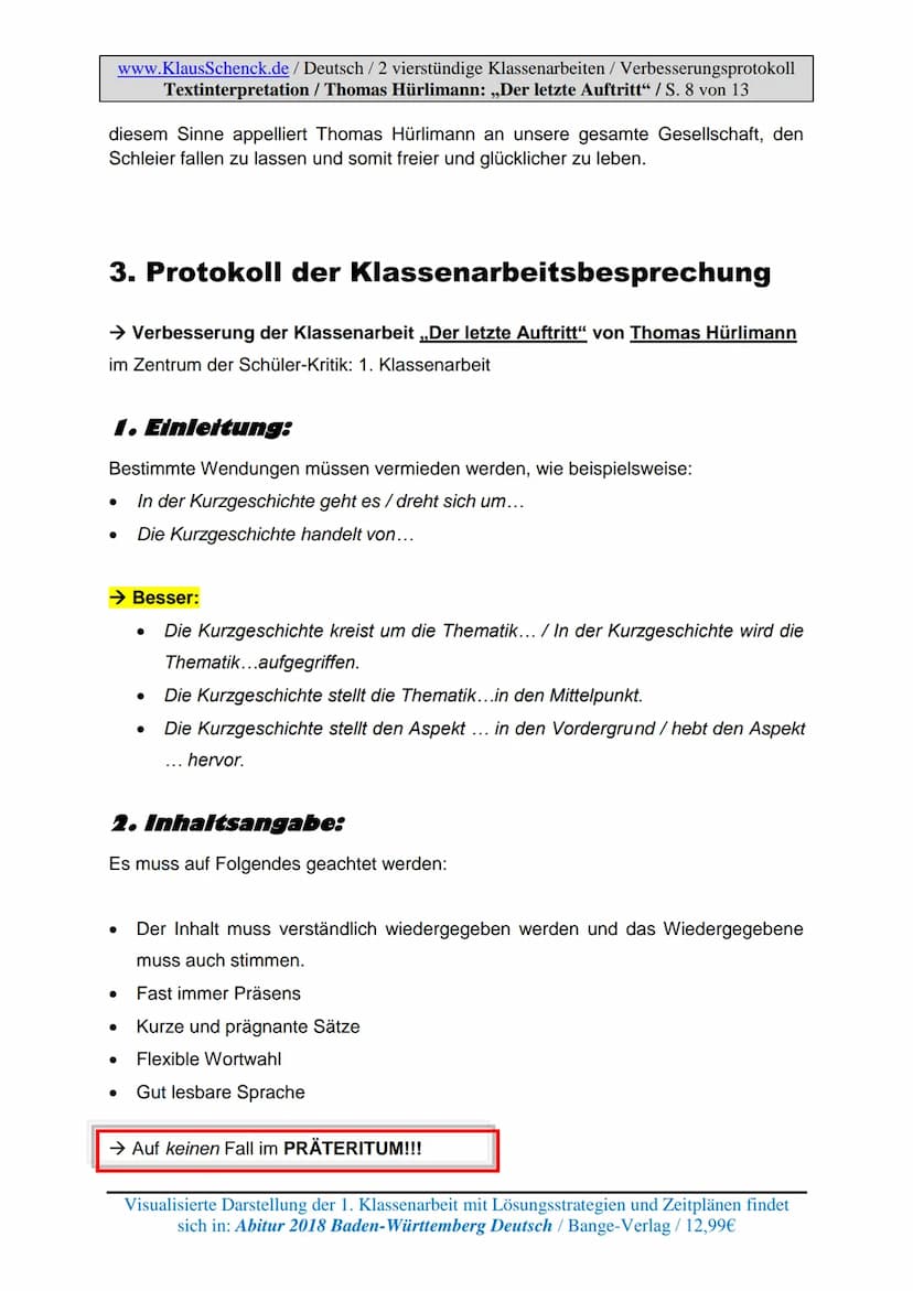 www.KlausSchenck.de / Deutsch / 2 vierstündige Klassenarbeiten / Verbesserungsprotokoll
Textinterpretation / Thomas Hürlimann: „Der letzte A