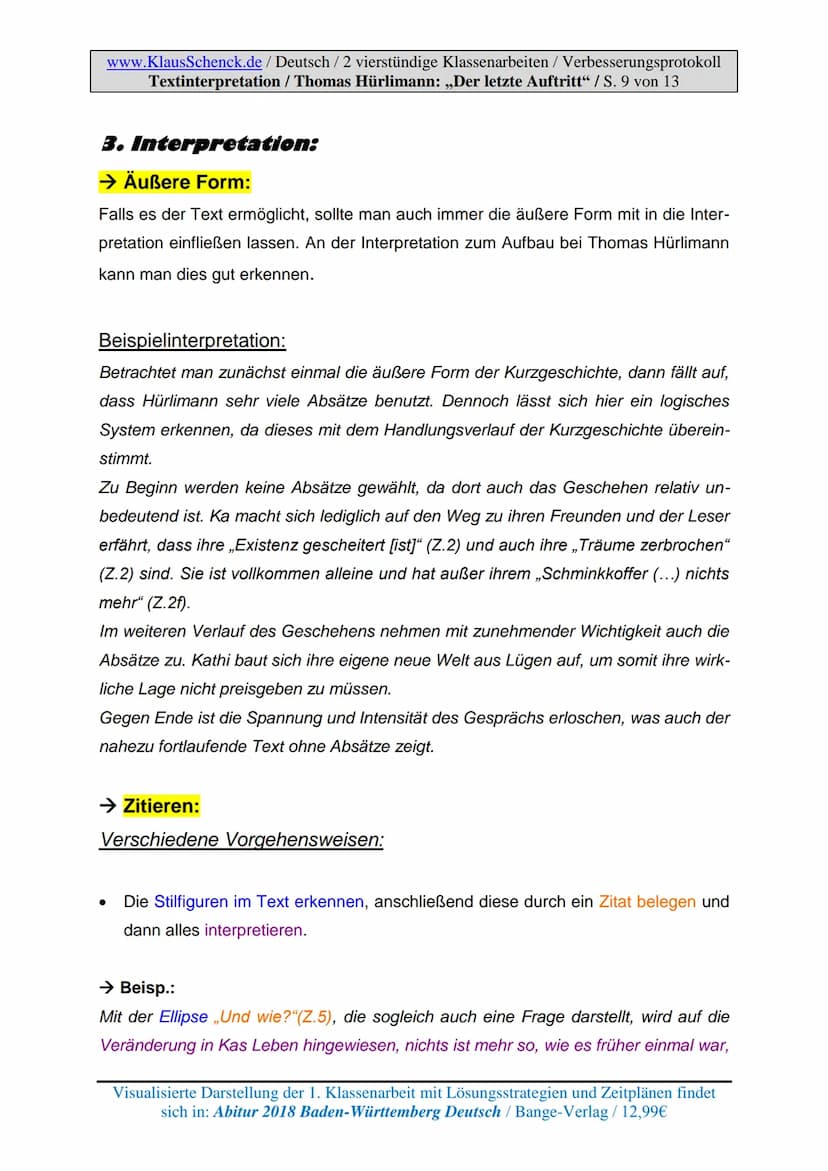 www.KlausSchenck.de / Deutsch / 2 vierstündige Klassenarbeiten / Verbesserungsprotokoll
Textinterpretation / Thomas Hürlimann: „Der letzte A