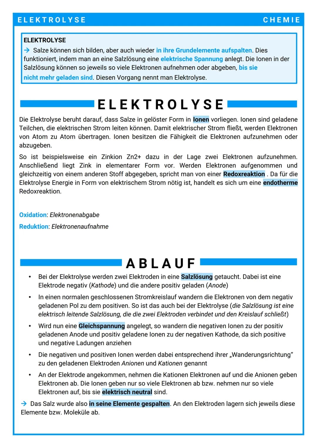 ELEKTROLYSE
ELEKTROLYSE
→ Salze können sich bilden, aber auch wieder in ihre Grundelemente aufspalten. Dies
funktioniert, indem man an eine 