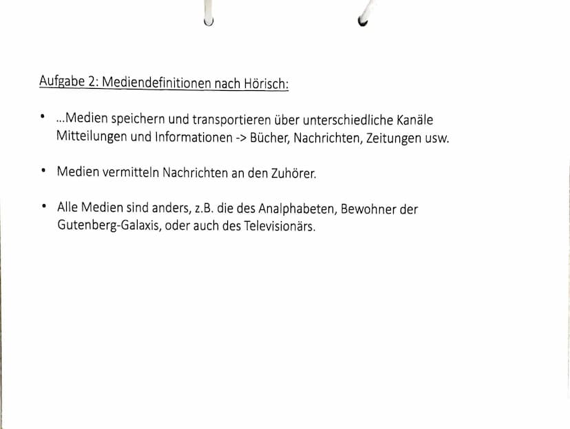 Arbeitsaufträge:
Lest den Text und markiert die zentralen Aspekte.
Arbeitet in Stichpunkten heraus, wie Hörisch den Begriff Medien
definiert