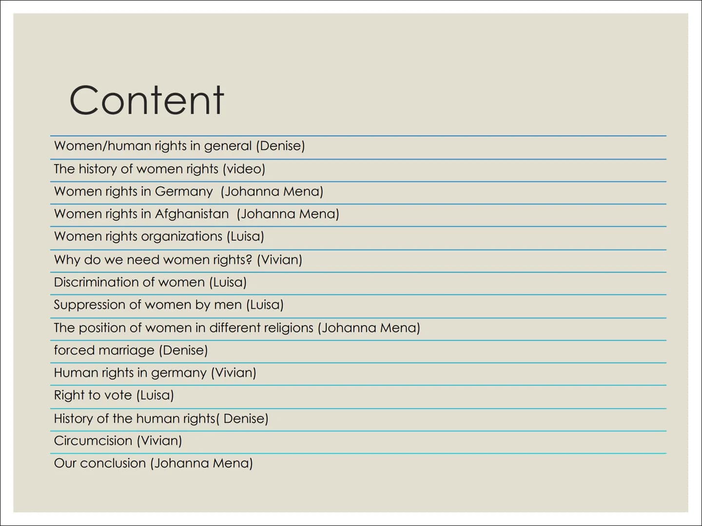E
bortion
do
WOMEN AND
HUMAN RIGHTS
MEN UN
BORTION Content
Women/human rights in general (Denise)
The history of women rights (video)
Women 