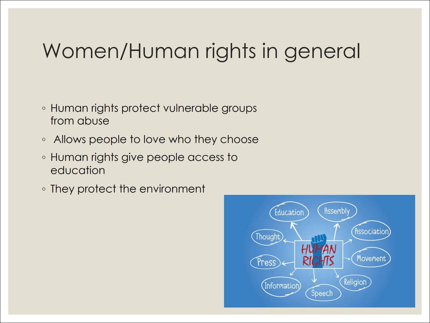 E
bortion
do
WOMEN AND
HUMAN RIGHTS
MEN UN
BORTION Content
Women/human rights in general (Denise)
The history of women rights (video)
Women 