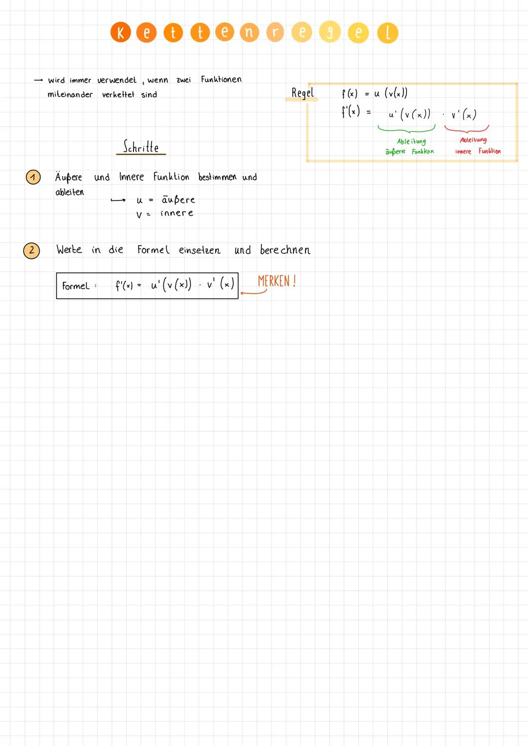 # K e t t e n r e g e l

- wird immer verwendet, wenn zwei Funktionen
miteinander verkettet sind

## Schritte

(1) Äußere und Innere Funktio