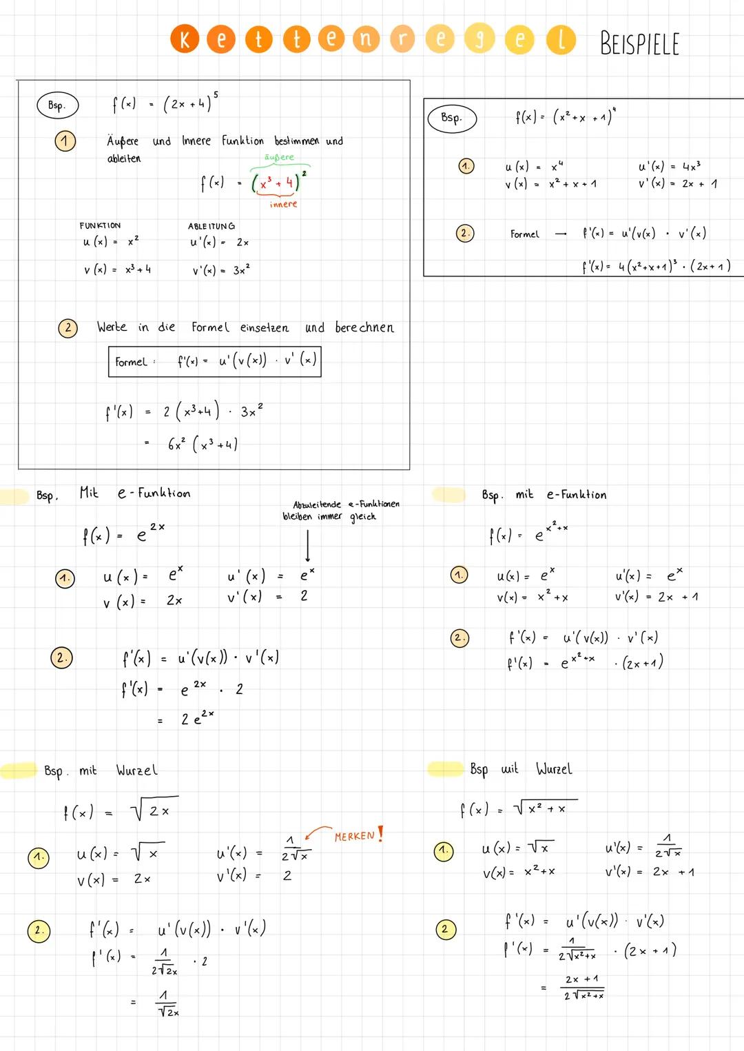# K e t t e n r e g e l

- wird immer verwendet, wenn zwei Funktionen
miteinander verkettet sind

## Schritte

(1) Äußere und Innere Funktio
