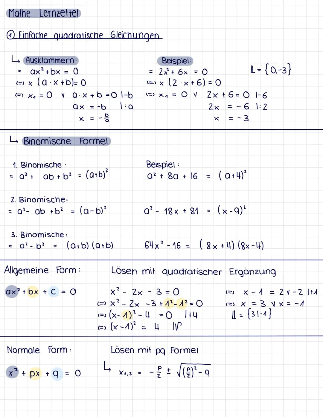 Mathe Lernzettel
Einfache quadratische Gleichungen
Ausklammern:
ax²+bx = 0
(=) x (a ·x +b)= 0
= 0 v ax + b = 01-b
1:a
(=) X₁ =
-믕
Binomische