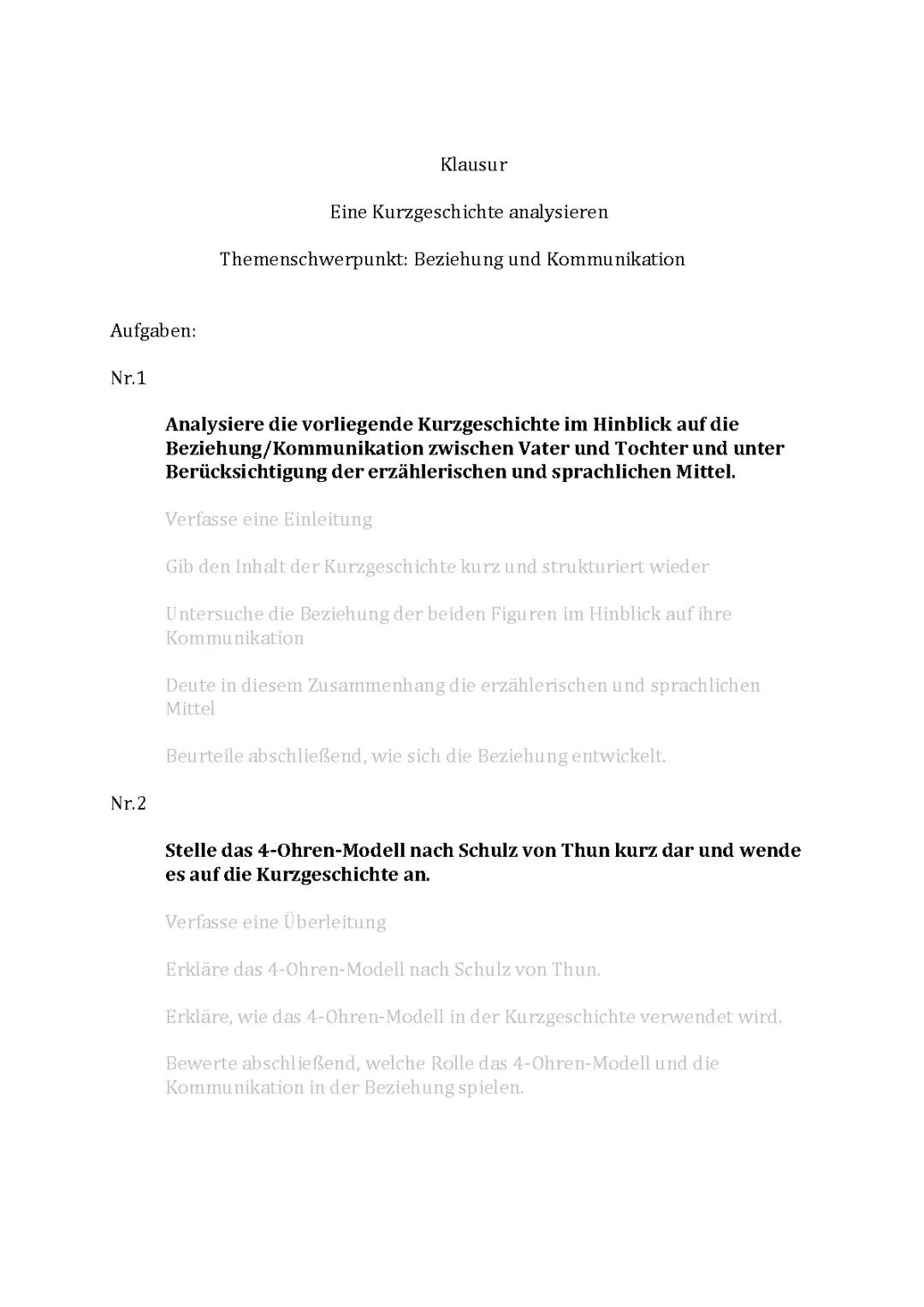 Beispielklausur
Eine Kurzgeschichte analysiere
