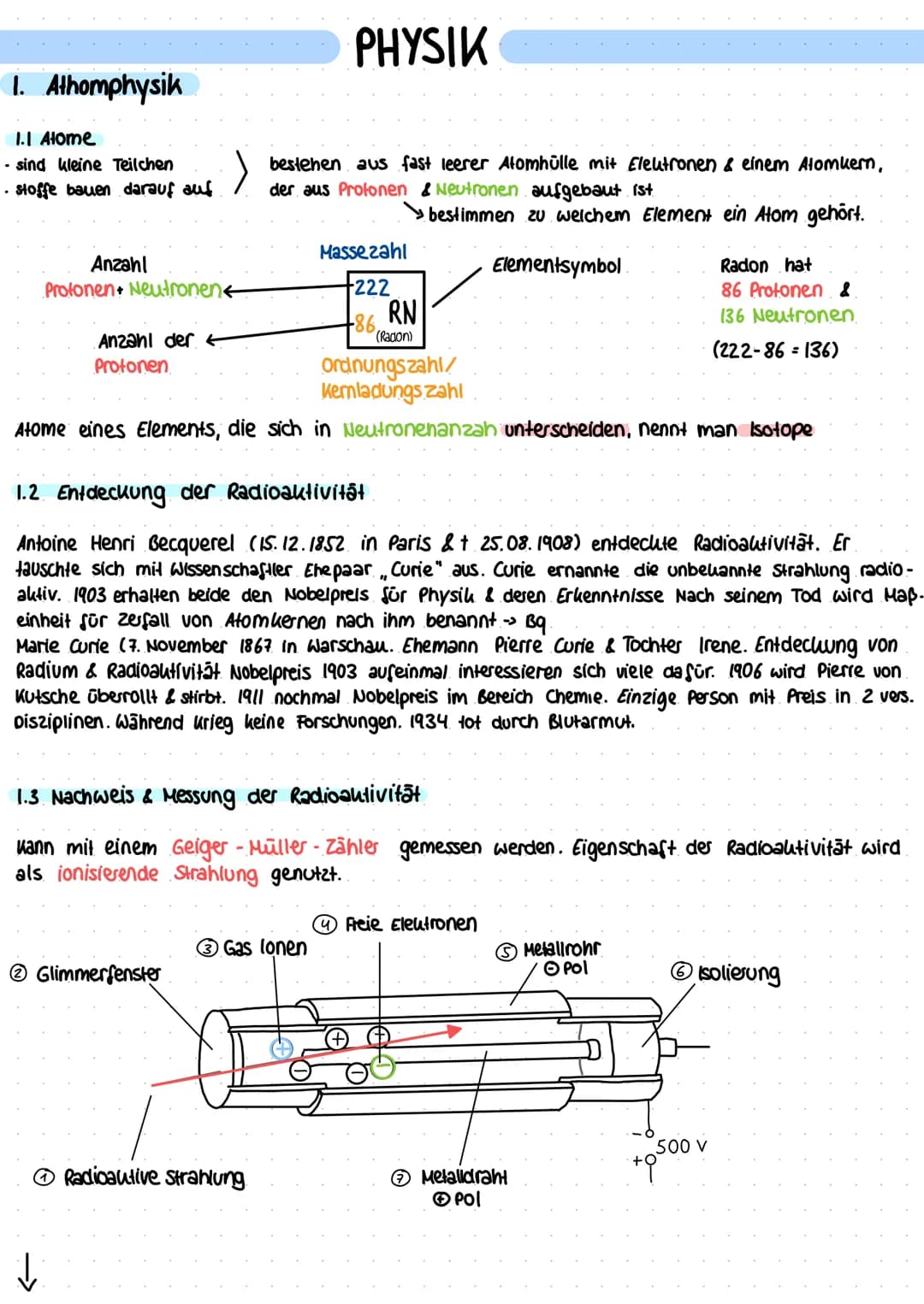 1. Athomphysik
1.1 Atome
- sind kleine Teilchen
.stoffe bauen darauf auf
Anzahl
Profonen+ Neutronen <
Anzahl der ←
Protonen
>
bestehen aus f