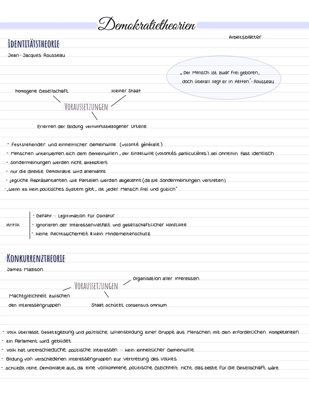 IDENTITÄTSTHEORIE
Jean-Jacques Rousseau
homogene Gesellschaft.
VORAUSSETZUNGEN
Kritik
Demokratietheorien
Erlernen der Bildung vernunftsbezog
