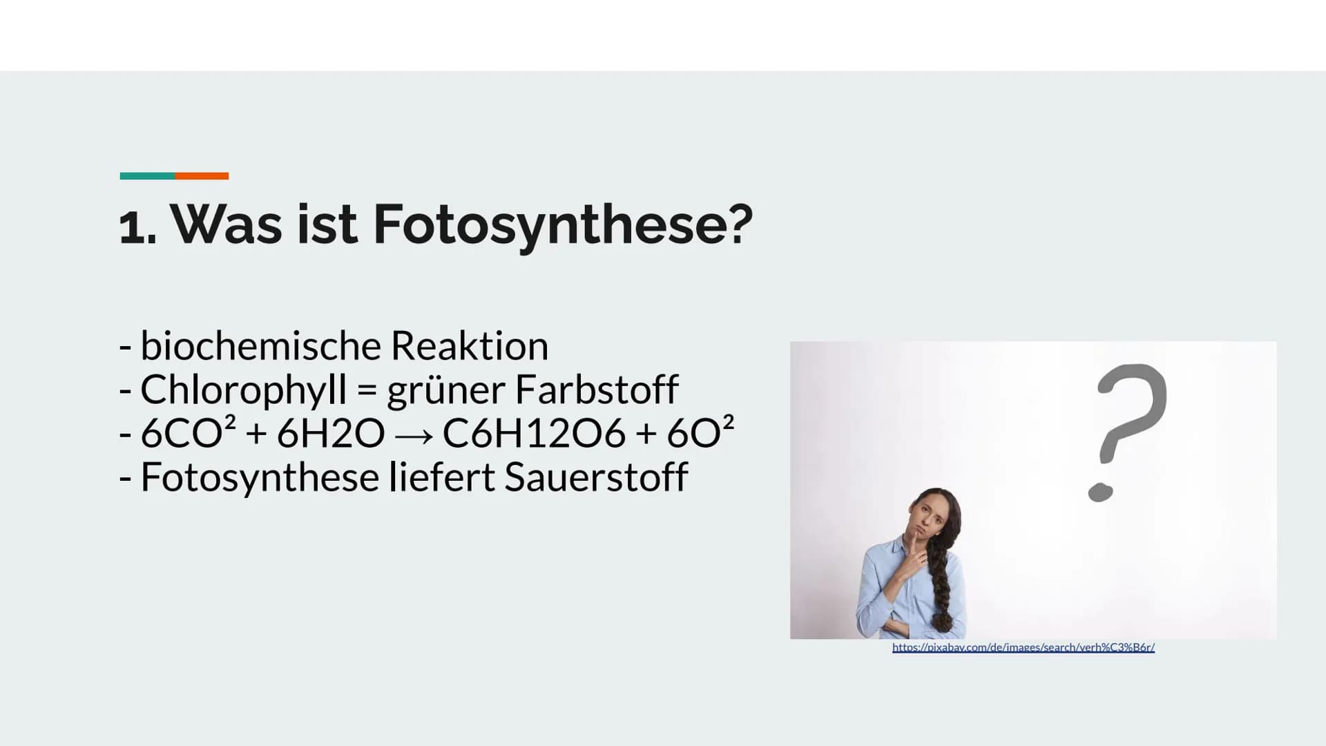 Fotosynthese
Vortrag von Darleen Noah Was ist Fotosynthese?
- ist eine redoxreaktion (Reduktion und Oxidation) -> Reaktion mit Sauerstoff un