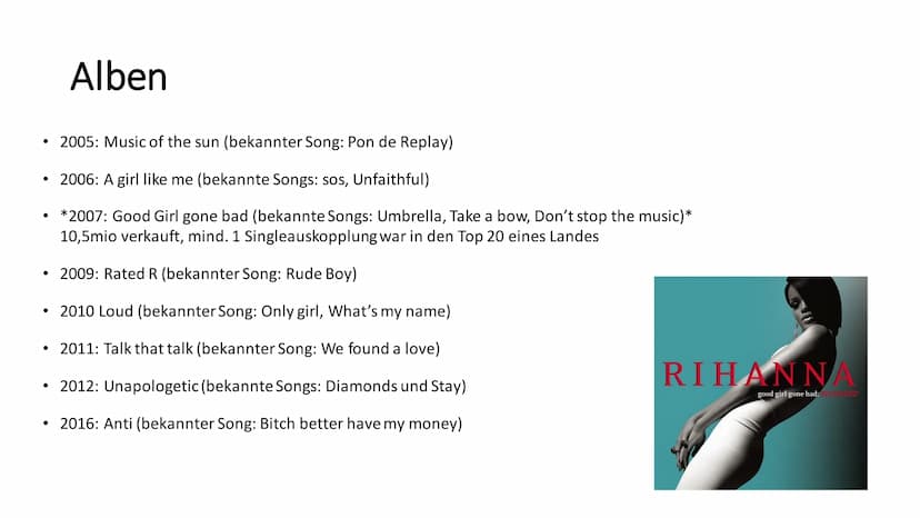 Rihanna Steckbrief
Name: Robyn Rihanna Fenty
Geburtstag/-Ort: 20.02.1988, St. Michaels in Barbados
Vorbilder: Alicia Keys, Beyonce, Mariah C