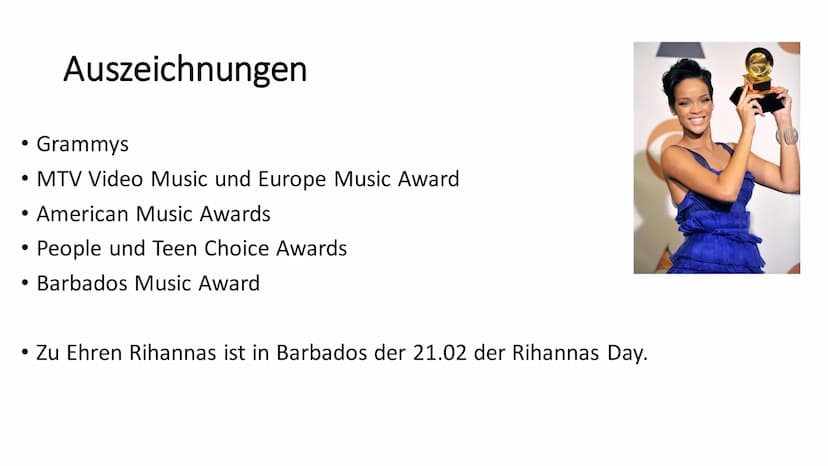 Rihanna Steckbrief
Name: Robyn Rihanna Fenty
Geburtstag/-Ort: 20.02.1988, St. Michaels in Barbados
Vorbilder: Alicia Keys, Beyonce, Mariah C