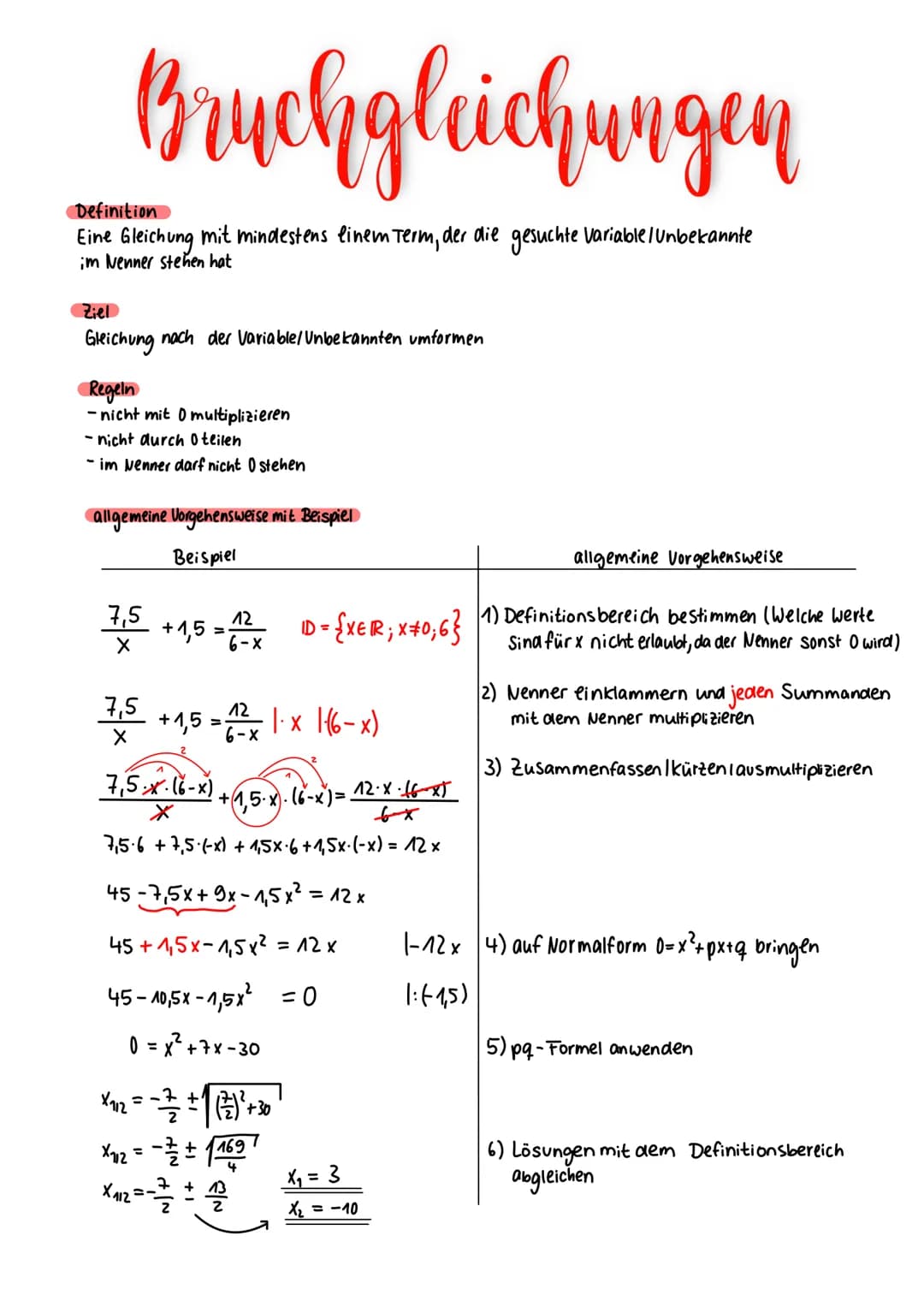 Bruchgleichungen
Definition
Eine Gleichung mit mindestens einem Term, der die gesuchte Variable / Unbekannte
im Nenner stehen hat
Ziel
Gleic