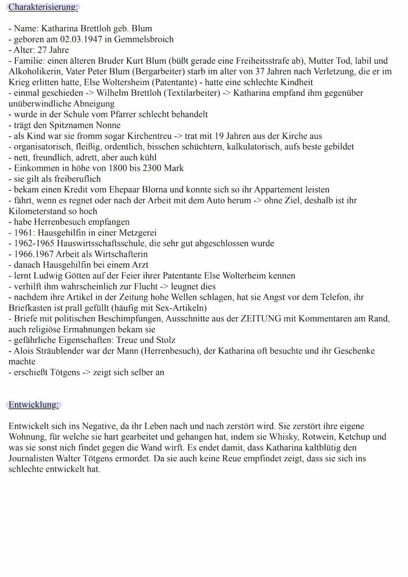 Handlung:
Katharina Blum steht im Mittelpunkt der Erzählung. Sie ist eine freiberufliche Wirtschafterin und
besucht an Karneval eine Tanzver