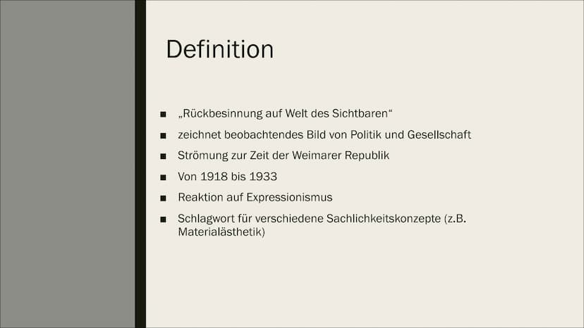 NEUE
SACHLICHKEIT:
LITERATUR DER
WEIMARER
REPUBLIK
Eine Präsentation
von Luisa Gliederung
■
■
1. Definition
2. zeitgeschichtliche Einordnung