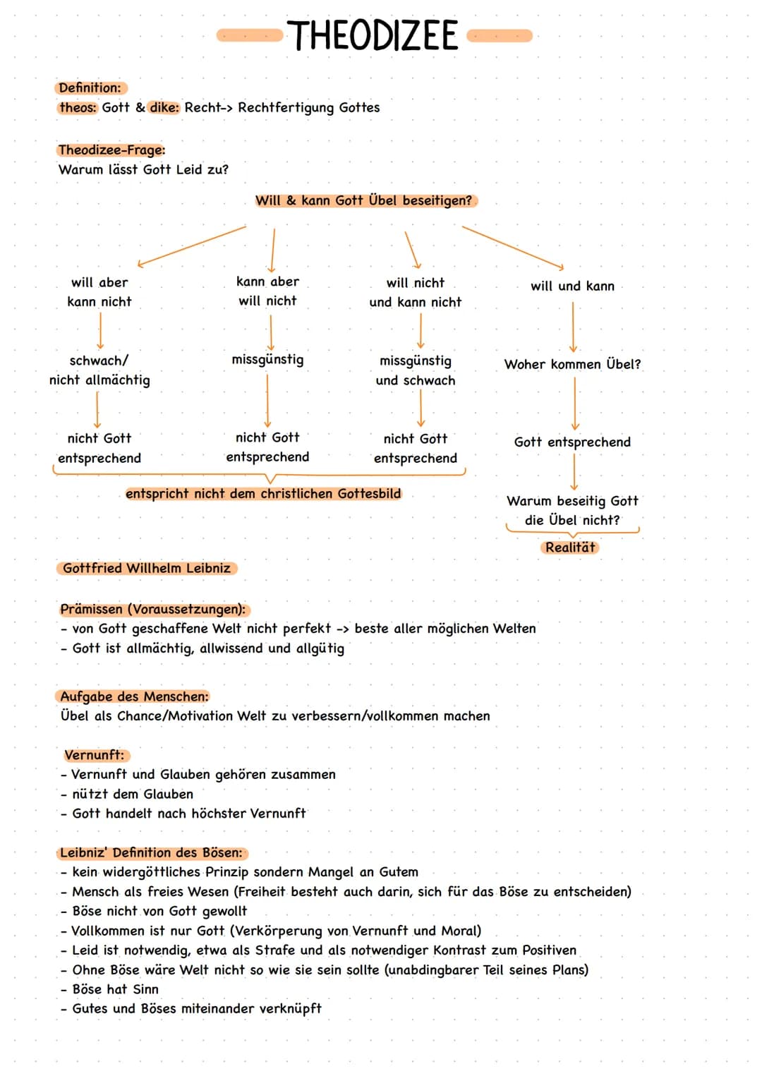 Definition:
theos: Gott & dike: Recht-> Rechtfertigung Gottes
Theodizee-Frage:
Warum lässt Gott Leid zu?
will aber
kann nicht
schwach/
nicht