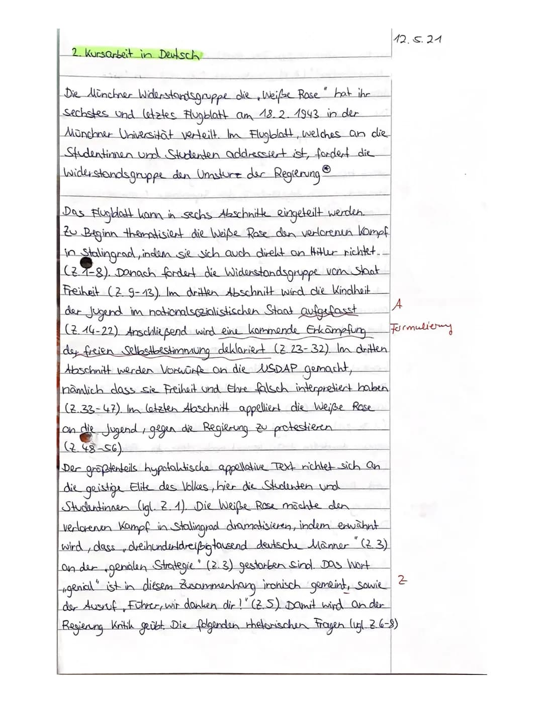 Deutsch 10 LK DE 2
Kursarbeit 10/2/ Bewertungsbogen
(Redeanalyse: 6. Flugblatt der Weißen Rose)
Name:
A) Inhaltliche Leistung
Anforderung
Fo
