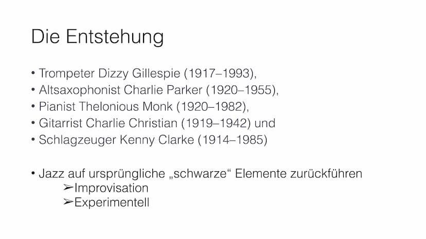 Der Bebop Inhalt
• Allgemeine Informationen
●
Die Ziele der Musiker
Die Reaktion auf den Bebop
Die Instrumentenbesetzung
Der Melodieverlauf 