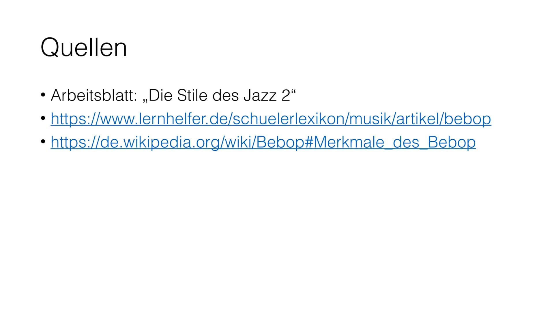Der Bebop Inhalt
• Allgemeine Informationen
●
Die Ziele der Musiker
Die Reaktion auf den Bebop
Die Instrumentenbesetzung
Der Melodieverlauf 