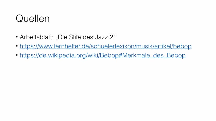 Der Bebop Inhalt
• Allgemeine Informationen
●
Die Ziele der Musiker
Die Reaktion auf den Bebop
Die Instrumentenbesetzung
Der Melodieverlauf 